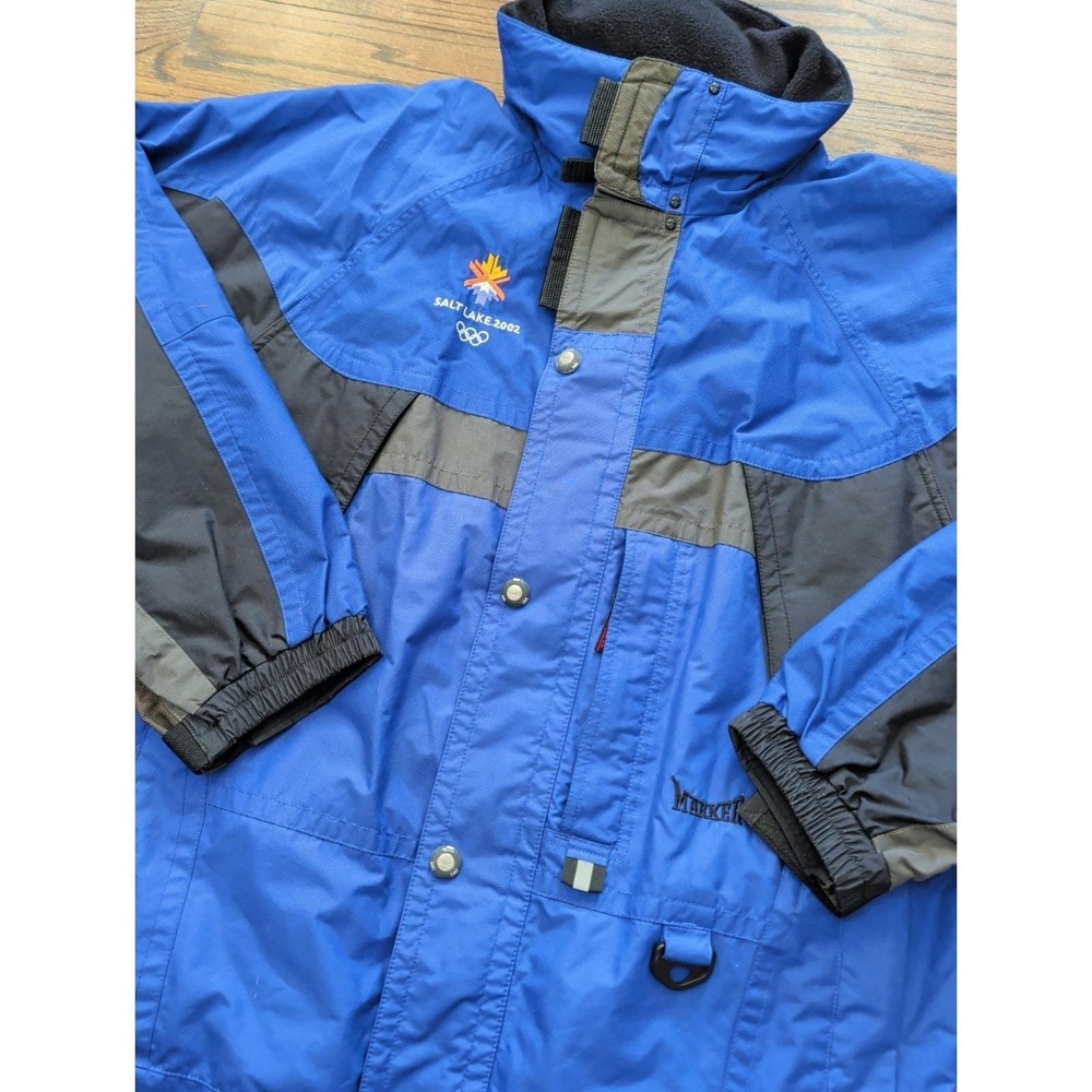 Vtg Marker Salt Lake 2002 Olympics Ski Jacket Blue Hidden Hood Men Sz M No Liner